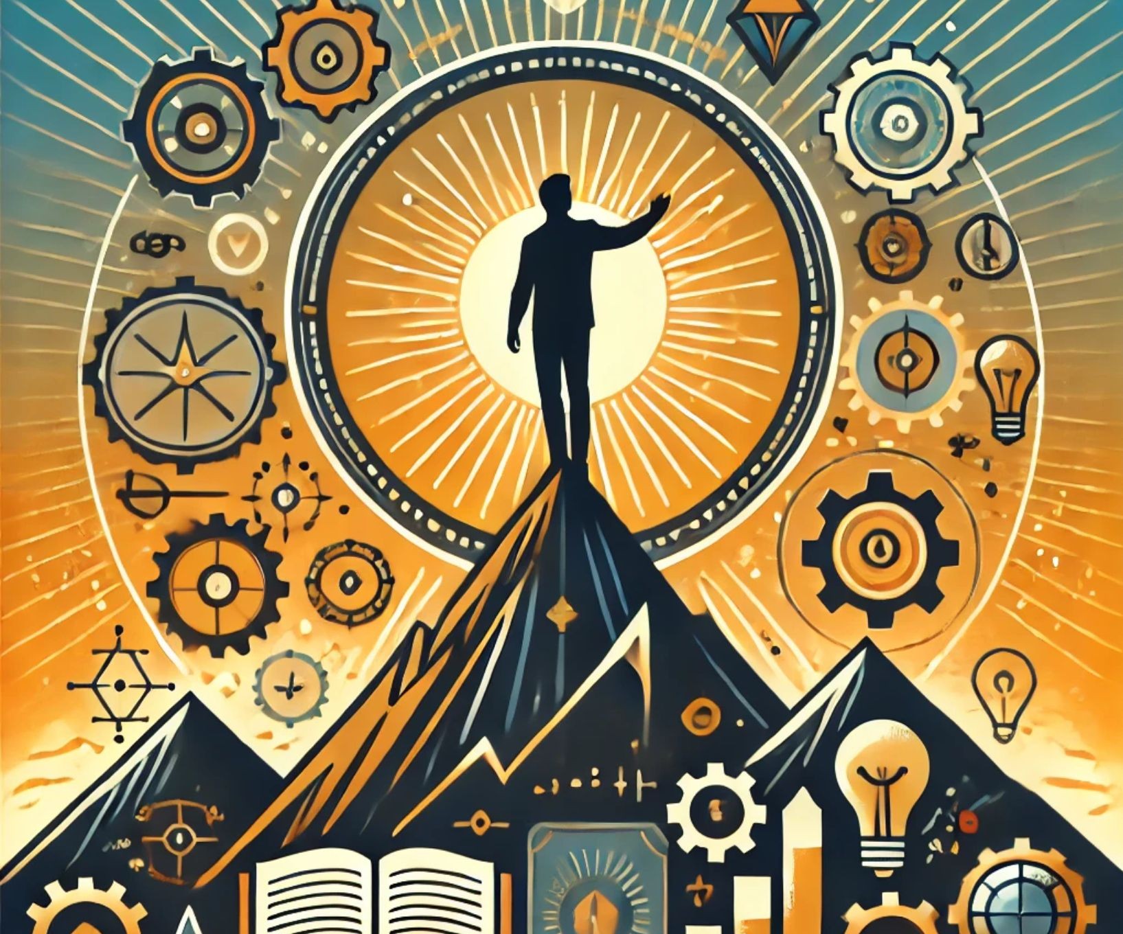 Abstract illustration of a person atop a mountain surrounded by gears, symbols, and light bulbs.