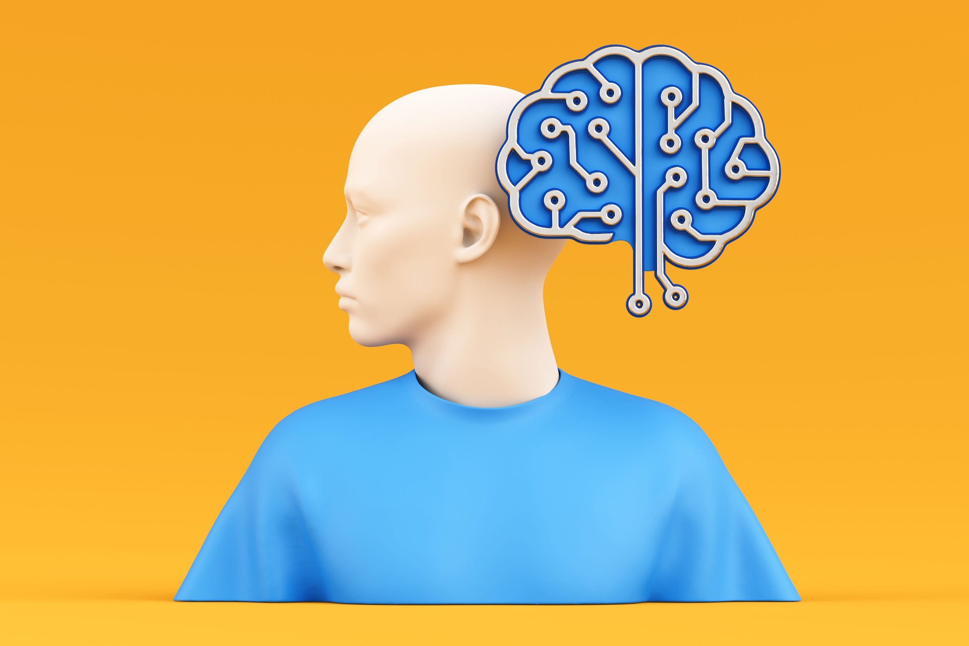 Artificial Intelligence And Human Integration Concept. Human Bust With Circuit Brain. 3d Rendering